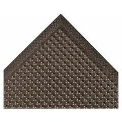 This antifatigue mat measures 30 in x 10 ft with a 3/8 in thickness. It is constructed of black rubber with a beveled edge and anti-slip backing, suitable for use in workstations and areas where prolonged standing occurs.