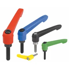 This teardrop-style adjustable handle features a plastic body with a steel threaded stud. It has an M10 thread, 70 mm thread length, and 95 mm overall length in orange. Suitable for manual clamping, positioning, and adjusting of machine components in industrial equipment.