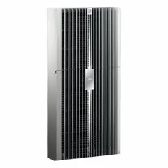 Wall-mount cooling-only air conditioner for electrical enclosures. Weather-resistant with a 12/3R rating, suitable for outdoor or washdown environments. Operates on 380-480 V supply. Provides 3,412 BtuH cooling capacity to manage heat buildup in enclosures.
