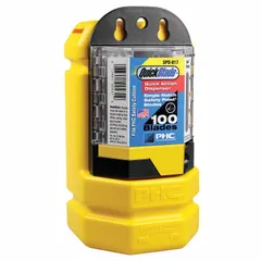 Yellow plastic Blade Bank for wall-mount installation. Safely stores approximately 750 used utility blades. Includes blade dispenser kit. Suitable for workshops, warehouses, and construction sites to manage blade disposal.