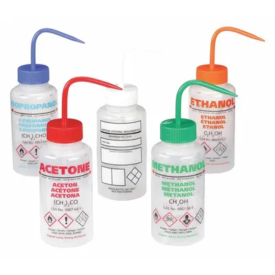 DYNALON Wash Bottle: 500 mL, Acetone/Ethanol/Isopropanol/Methanol/Write-On, Assorted - Wide Mouthed Standard Spout Wash Bottles