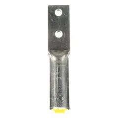 Two-hole compression lug for terminating 750 kcmil aluminum conductors. Features a standard aluminum barrel and accepts a 1/2 in stud. Used in power distribution, switchgear, and heavy machinery installations.