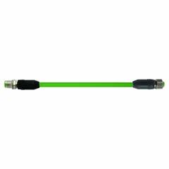 M12 male straight to M12 male straight cordset with X-coding for Cat6 performance. Green PUR jacket, IP65 rating, 15 m length. Suitable for industrial Ethernet connections requiring high-speed data transmission.