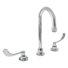 This widespread bathroom faucet from the Monterrey series features a cast brass construction with a chrome finish. It includes 1/2 in male shanks and a gooseneck spout. Suitable for widespread sink installations in residential or light commercial settings.