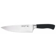 This forged steel chef knife features a straight, sharp edge and an 8-inch overall length, suitable for slicing, dicing, and chopping in commercial and home kitchens. The black Santoprene handle offers a comfortable grip, and the knife is NSF Certified for foodservice use.