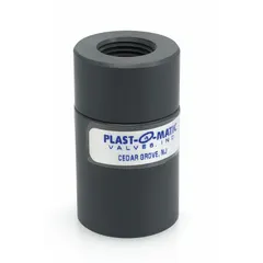 This PLAST-O-MATIC check valve features a PVC inline valve body with 1/4 in FNPT x FNPT female connections. The FKM diaphragm provides backflow prevention in corrosive fluid systems. Typical applications include chemical processing, water treatment, and industrial plumbing where one-way flow control is needed.