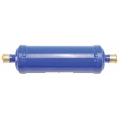 Discharge muffler for installation on the discharge line of compressors in HVACR systems. Reduces noise from refrigerant gas discharge by dampening pulsation and lowering sound levels. Suitable for use in precision cooling equipment and industrial refrigeration units.