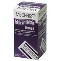 Unitized, alcohol-free topical antibiotic ointment in 0.5 g packets. Each packet contains Bacitracin Zinc with Neomycin Sulfate (5 mg). Used for first-aid treatment of minor cuts, scrapes, and burns to help prevent infection. Suitable for inclusion in industrial first-aid kits and medical facilities