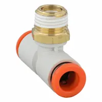 This SMC push-fit tee fitting is made of polybutylene and brass with a white finish. It connects 1/4 in OD tubing to 1/8 in and 1/4 in pipe ports, allowing branching or combining of pneumatic lines. Suitable for use in industrial automation, packaging, and material handling systems where quick, leak-free installation is required