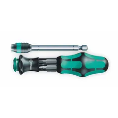 Multi-bit screwdriver with six interchangeable tips: Phillips sizes #1, #2, #3 and slotted sizes 3/16 in, 7/32 in, 1/4 in. Suitable for assembly, maintenance, and repair tasks requiring multiple tip sizes.