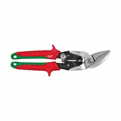 Right-cutting aviation snips with 10 in overall length and 1 1/2 in cutting length. Steel construction with TPR handles. Used for cutting thin sheet metal in HVAC, roofing, and metal fabrication applications.