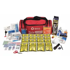 This emergency survival kit is housed in a nylon duffel bag and serves one person. It includes 16 four-ounce emergency water packets, fingertip fabric bandages, a 5-inch flashlight with batteries, five dust face masks, 118 mL travel hand lotion, scissors, and a whistle. Suitable for home, workplace, or outdoor emergency preparedness.