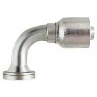 Steel 90° elbow crimp hose fitting with flange x crimp connection. Designed for -16 hose dash size, male x genderless fitting gender, and 0.511"-27 thread. Used in hydraulic systems to connect hose to flange ports