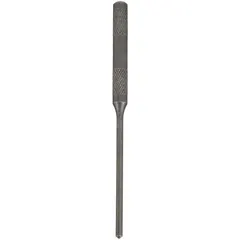 Round, steel, ball-type metric punch with 4 mm tip diameter. Taper length 2-1/2 in, overall length 4-1/2 in. Used to drive out roll pins and dowel pins in mechanical assemblies.
