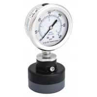 2 1/2 in dial pressure gauge with thermoplastic diaphragm seal, 0 psi to 60 psi range, ±1.60% accuracy. Features a 304 stainless steel case, stainless steel wetted parts, glycerin-filled case, and mineral oil seal fill. PVC lower housing and PTFE seal provide chemical resistance for corrosive or viscous fluid applications