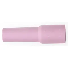 Alumina gas lens nozzle, size No. 8, long configuration. Used in TIG welding to improve gas coverage and reduce turbulence. Sold in a 10-pack.