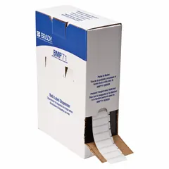 Precut label roll for use with BMP61 printer series. Each label measures 1 1/2 in x 1/2 in and is made of white gloss polyester. Suitable for industrial identification and labeling tasks such as asset tagging and safety signs.