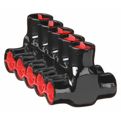 This multitap connector features a double-sided entry design with 5 ports, accepting wire sizes from 10 AWG to 350 kcmil. The black aluminum body is suited for dry-location electrical installations such as panel boards, junction boxes, and industrial power distribution.