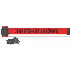 This magnetic-mount retractable belt barrier features a 7 ft red belt with restricted access messaging. The black housing and base mount securely to metal surfaces without tools. Typical applications include creating temporary restricted zones in industrial facilities, warehouses, and public spaces.