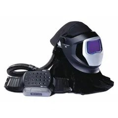 This welding helmet kit includes the ADF 9100 Xxi auto-darkening filter. It is a helmet-type headgear designed for arc welding protection. The kit integrates with supplied-air respirator systems for combined eye and respiratory protection during welding operations.