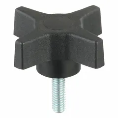 This 4-arm knob with threaded stud is used for manual clamping, positioning, and adjustment on industrial machinery, jigs, and fixtures. It has a 2.46 in diameter, 5/16"-18 thread, and is made of plastic with a steel thread insert.