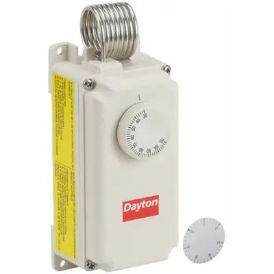 Dayton Line Volt Mechanical Tstat: Heat or Cool, Plastic, 30° to 110°F, 3.5°F - Weatherproof Single-Stage Controls