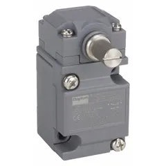Rotary-motion limit switch with a roller lever actuator, non-metallic housing, screw terminals, and SPDT contact configuration. Used for position sensing in industrial machinery such as conveyors, packaging equipment, and automated production lines.