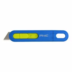 This utility knife features a textured plastic handle and a non-changeable carbon steel rounded tip blade. The blade automatically retracts after use for safety. Suitable for cutting cardboard, tape, and plastic wrap in packaging and warehousing tasks. Supplied in a 10-pack.