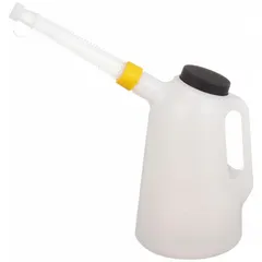 This 2-quart measuring container features a translucent body for clear fluid-level visibility and a flexible spout for controlled pouring into confined spaces. With an overall height of 8 3/4 inches and diameter of 5 inches, it is suited for measuring and transferring fluids in workshop and maintenance tasks.