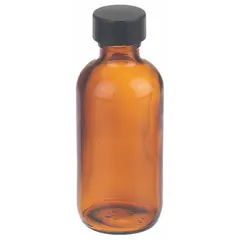 This 60 mL amber narrow mouth round glass bottle is made from Type III soda lime glass with a 20-400 mm neck finish. It includes an attached phenolic cap with a PolyCone liner. The amber glass provides protection for light-sensitive contents. Commonly used for collecting, storing, and transporting liquid samples in laboratory settings.