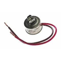 Defrost thermostat for refrigerators and freezers. Monitors evaporator coil temperature and opens the defrost heater circuit when the coil reaches the specified temperature to prevent frost buildup.