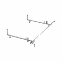 Aluminum roof rack with white powder-coated finish. Overall dimensions: 16 in height, 99 in length, 67 1/2 in width. Designed for mounting on commercial vans to transport ladders, pipes, and other bulky materials