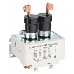 This 2-pole mercury displacement contactor is rated for 120V AC and 35 A full load current for resistive loads. It features liquid mercury contacts and screw terminal connections. Typical applications include switching resistive loads in industrial heating, lighting, and process control systems.