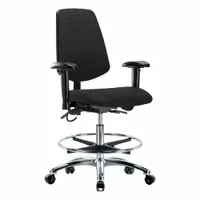 ESD-safe fabric task chair with aluminum base and foot support. Seat width 18 1/2 in, depth 17 in, height adjustable from 21 1/2 in to 29 in. Back tilt 10.5° forward to 13.5° backward; seat tilt 8° forward to 3° backward. Includes arms. Suitable for static-controlled environments such as electronics assembly and laboratory workstations