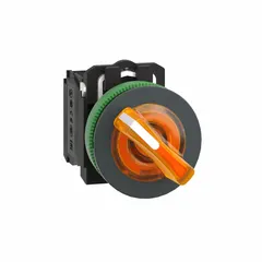 This 30 mm panel-mounting illuminated selector switch from the XB5 series features a short-handled knob and non-metallic bezel. It offers maintained/maintained action with Off/On functions across two positions, rated for AC 3 A @ 240 V and DC 0.55 A @ 125 V. Suitable for control panel applications requiring manual selection of operating modes or start/stop functions.