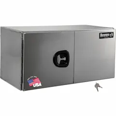This double barn-door box from BUYERS PRODUCTS is designed for underbody truck mounting. It features a silver finish, keyed lock, and 18-inch overall depth, providing secure storage for tools and equipment in fleet and vehicle maintenance applications.
