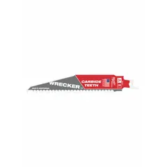 Carbide reciprocating saw blade with 6 in length and 0.05 in thickness. Designed for wood-cutting and pruning applications, including lumber and branches. Rigid tapered profile supports straight cuts.