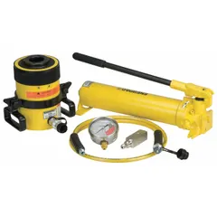 This set combines a 60 ton nominal capacity hollow cylinder with a 3 in stroke and a P392 pump. The hollow ram design allows rods or cables to pass through the center, enabling lifting, pressing, and tensioning operations. Suitable for industrial applications requiring controlled hydraulic force.
