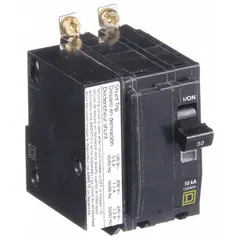 Bolt-on miniature circuit breaker for overcurrent protection in single-phase branch circuits. Rated 30 A, 120/240V AC, with a maximum interrupting rating of 10kA at 120/240V AC. Two-pole design for use with Square D NQOD panelboards in commercial and industrial electrical distribution systems.