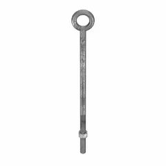 Steel, galvanized machinery eye bolt without shoulder. Thread size 3/4"-10, thread length 6 in. Includes nut. Used for lifting and rigging applications requiring a straight vertical pull, such as attaching slings or hooks to loads in industrial settings.