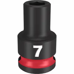 This 3/8" drive impact socket features a 7 mm metric, 6-point configuration for use with impact wrenches. The black phosphate finish provides corrosion resistance. Suitable for fastening and loosening hex fasteners in high-torque applications.