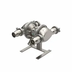 FDA-compliant air-operated double diaphragm pump with 3 in Tri-Clamp connections, rated for 130 gpm and 277 ft max head. Features stainless steel seat and check valve, PTFE diaphragm with EPDM backing. Suitable for sanitary fluid transfer in food, dairy, beverage, and pharmaceutical applications.