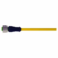 Single-ended cordset with M12 female straight connector on one end and bare wire on the other. Features 5 pins, 22 AWG wire, 0.3 m yellow PVC cable, IP67 rating, and 4 A max current. Suitable for connecting sensors or actuators in industrial automation and material handling equipment.