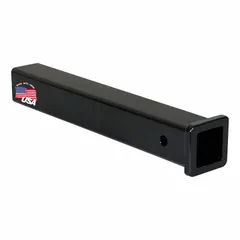 Carbon steel receiver tube for 2-inch compatible hitch sizes. Overall length 18 inches, overall width 2 inches. Used in towing applications to accept a hitch ball mount or other accessories.