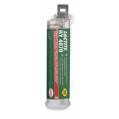 The LOCTITE HY 4070 is an ambient-cured acrylic adhesive supplied as a clear, thin liquid in an 11 mL dual-cartridge format. Designed for use with two-part applicators, it cures to a clear finish and is suitable for bonding applications in industrial assembly, maintenance, and repair.