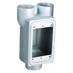 This rectangular iron weatherproof electrical box is designed for outdoor or damp-location installations. It provides a 25-cubic-inch capacity for housing wiring connections, switches, or receptacles. The 1/2-inch hub accommodates conduit connections, and the gray finish offers corrosion resistance.