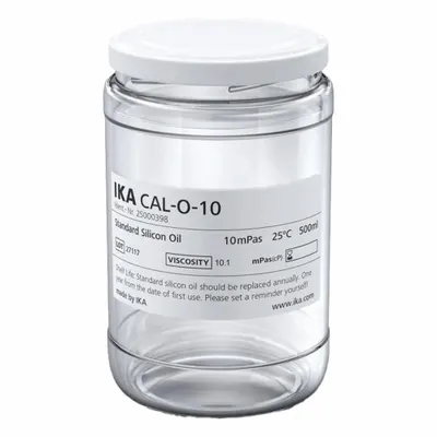 IKA Silicon Oil: 10 cps Viscosity, 500 mL Volume, Clear Glass, Jar, Liquid - Viscometer Calibration Standards