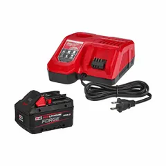 This kit includes an 18V DC M18 8 Ah battery and charger. The battery is oil-resistant for use in harsh environments. It powers M18 cordless tools such as drills, saws, and impact wrenches in industrial and construction applications.