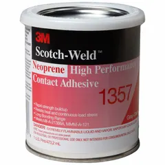 3M 1357 is a general-purpose contact cement supplied in a 1 pt can. It is water-resistant and heat resistant, with a gray/green color. This adhesive bonds glass, foam, and fabric to porous surfaces. Apply by roll-on; VOC content is less than 580 g/L. Meets SCAQMD standards.