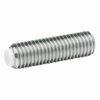 This set screw features a half dog point with a POM plastic tip to prevent marring on finished surfaces. Made from 18-8 stainless steel, it has an M12 thread and 20 mm length. Suitable for positioning and locking components in machinery and fixtures where surface protection is required